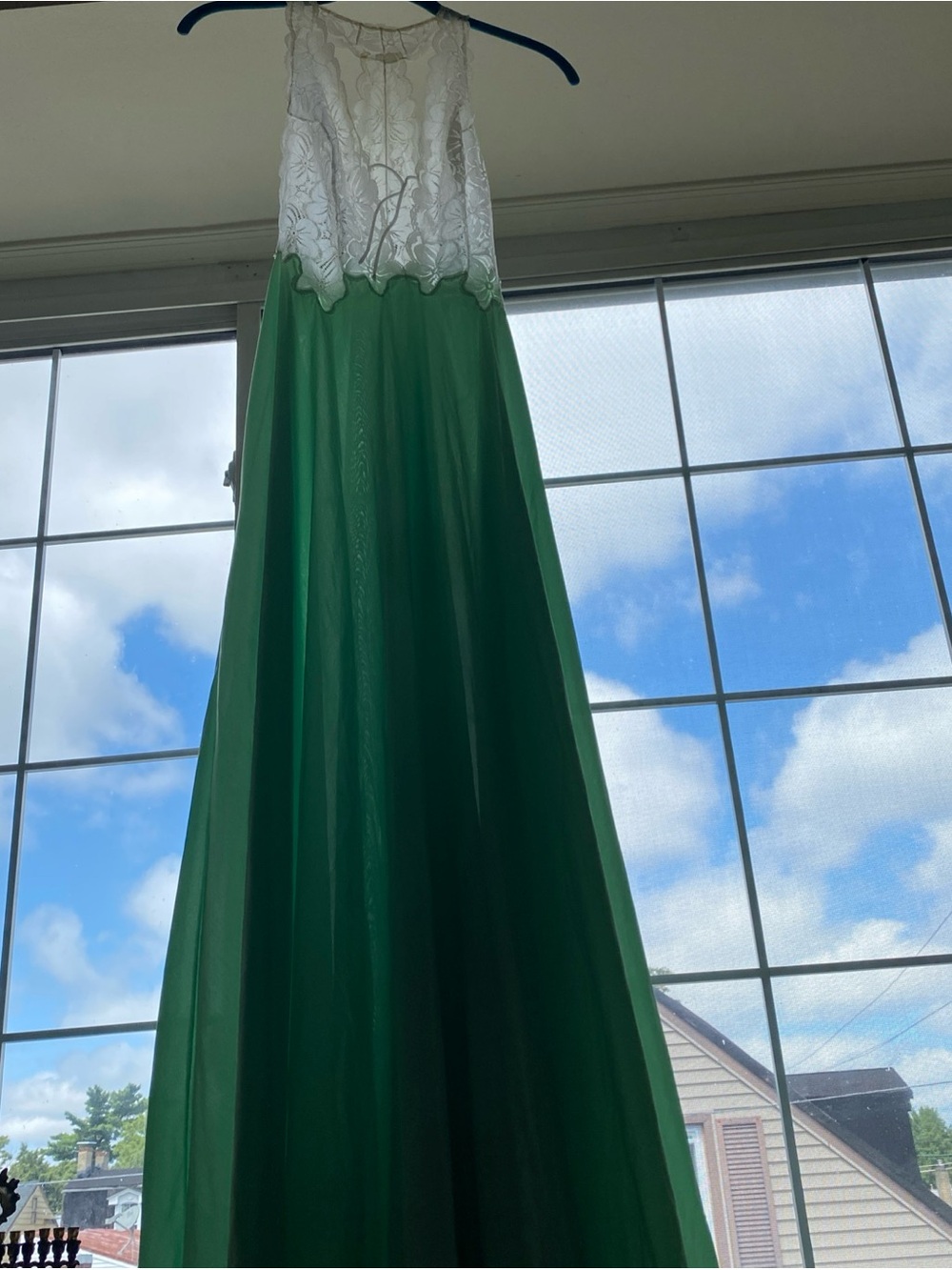Vintage Floor Length White Lace & Mint Green Chiffon Nightgown Halter Racerback